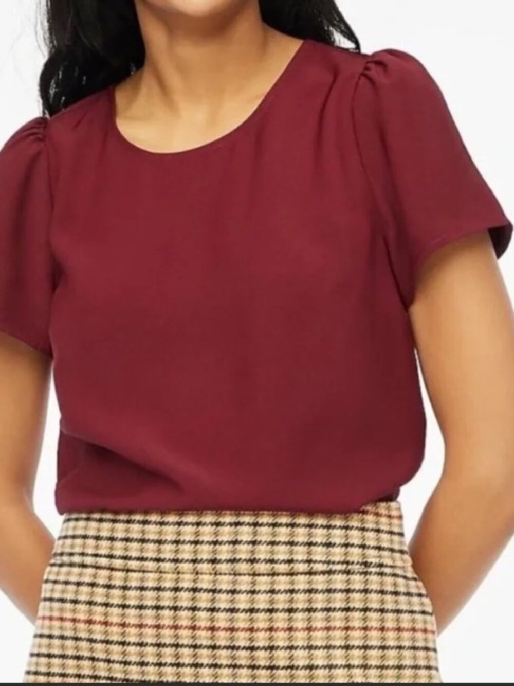 J.Crew Factory Burgundy Crepe Blouse Puff Sleeve Keyhole Back Size L